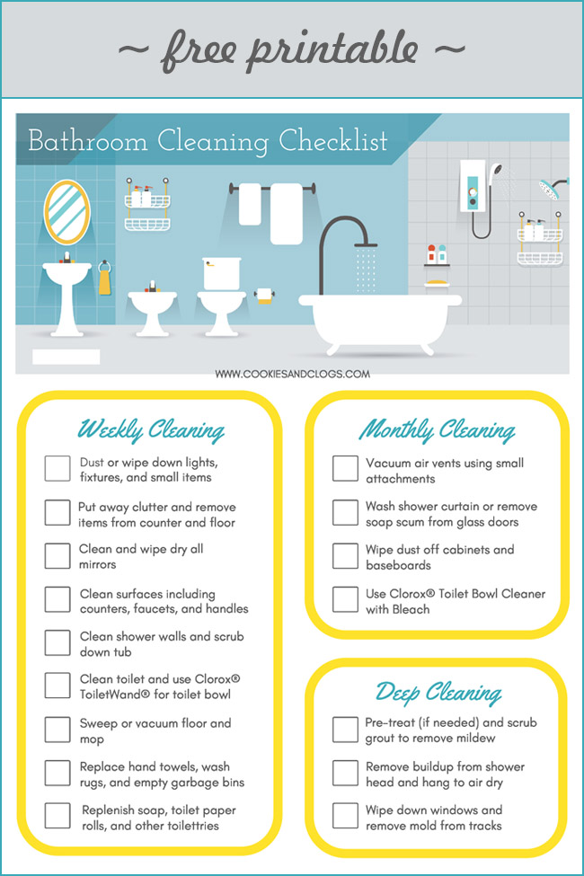 Cookies & Clogs | It can be a struggle to get kids to clean. Use this free printable Bathroom Cleaning Checklist as a sort of cleaning hack to make the chore easier to do and faster. Also, check out the Clorox® ToiletWand® starter kit to ease the apprehension even more