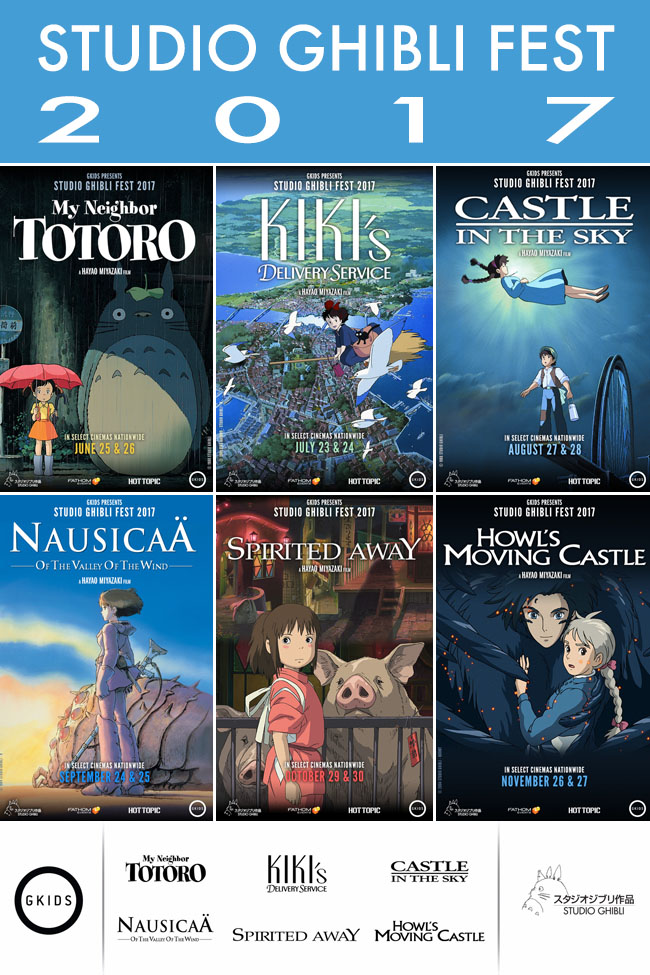 Cookies & Clogs | Get your Studio Ghibli Fest 2017 Series Pass today! See how you can buy tickets for six Studio Ghibli movies by Hayao Miyazaki for $60 at AMC, Cinemark, and Regal theaters. Get local showtimes for subbed and dubbed versions of My Neighbor Totoro, Kiki's Delivery Service, Castle in the Sky, Nausicaä of the Valley of the Wind, Spirited Away, and Howl's Moving Castle.